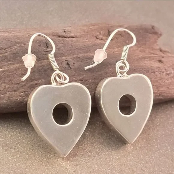 Sterling Vintage Modern Open Hole Heart 3D Dangle Drop Earrings - Picture 2 of 5